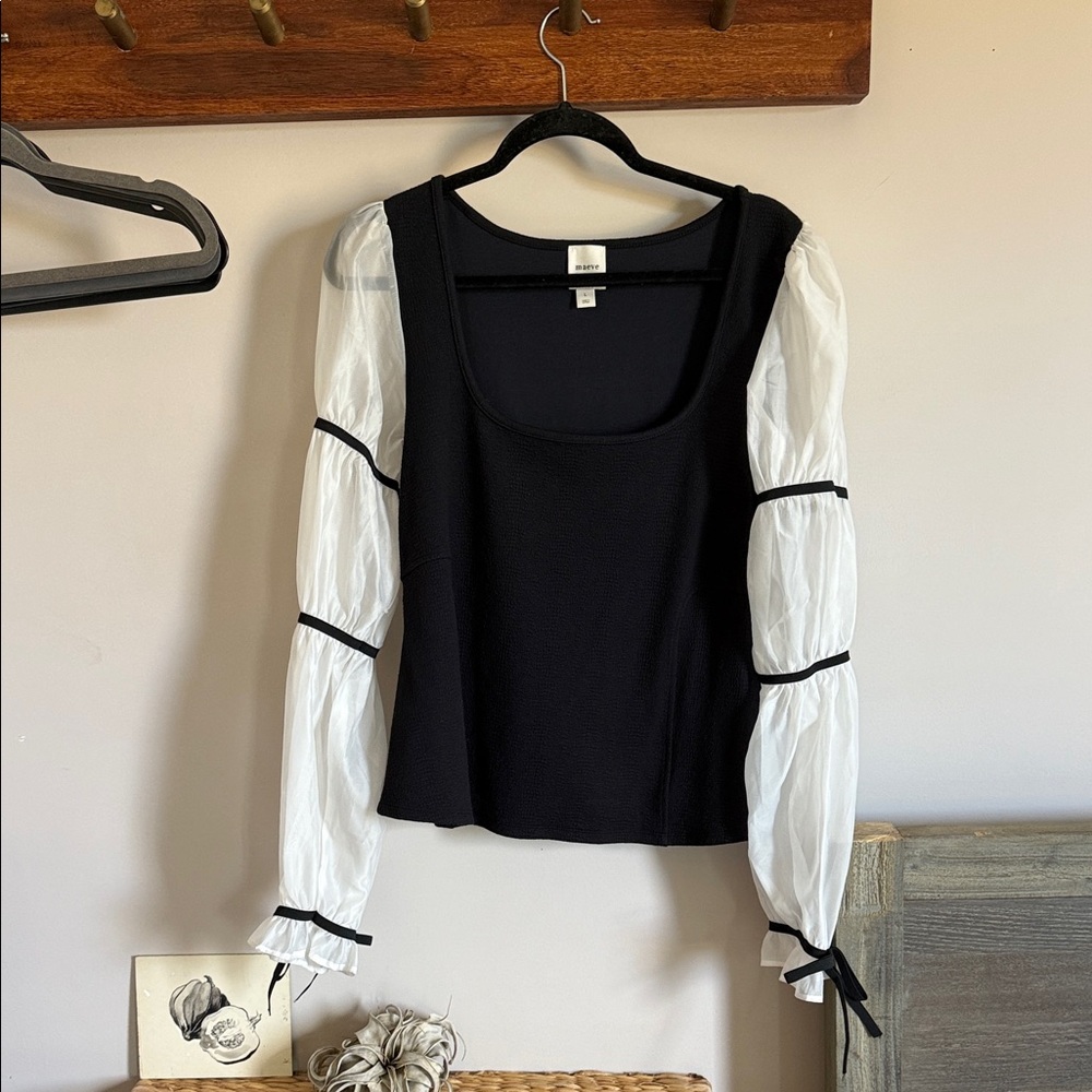 Maeve Black and White Blouse with Sheer Sleeves NWOT